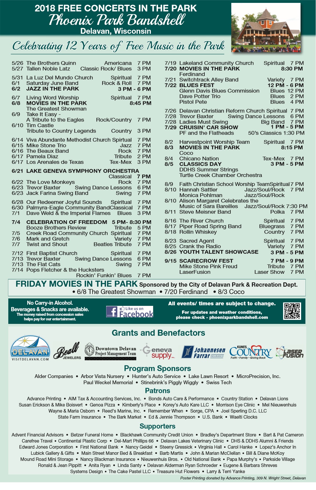 Schedule Phoenix Park Bandshell in Delavan WI